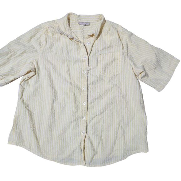 Woman Within Seersucker Shirt Plus Size 22 24 1X Yellow White Stripe Short Sleev - Picture 9 of 10